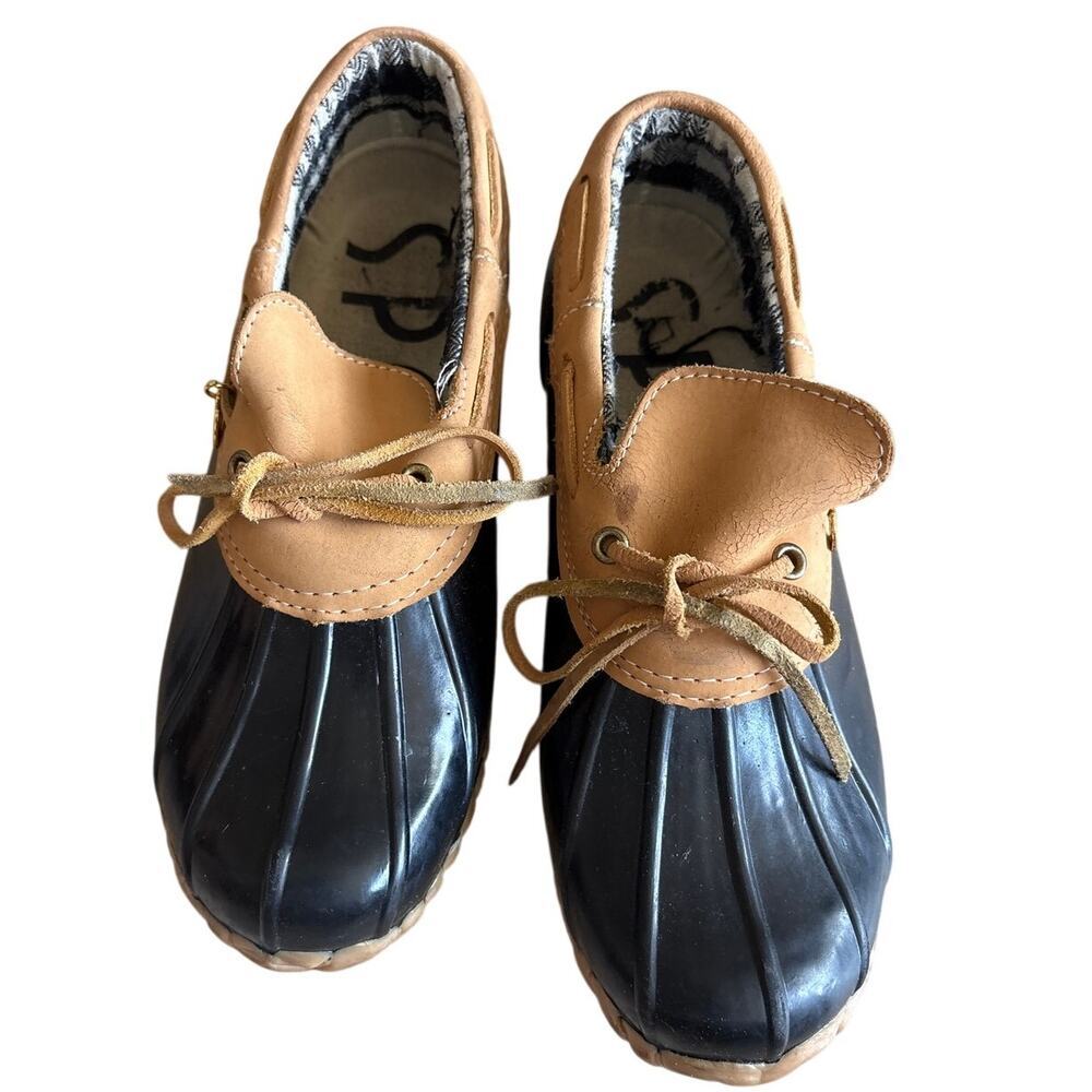 Sporto Navy Tan Leather Duck Boot Waterproof Lace Up Size 8 Rain Boot READ